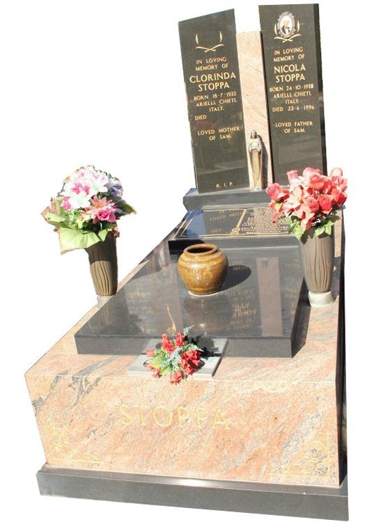 Tombstone, built in Multicolour RedandRoyal Black Indian granite for Stoppa in the Box Hill graveyard.