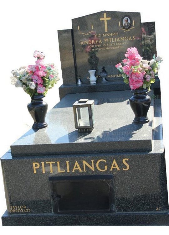Tombstone, built in Regal Black (Dark) Indian granite for Pitliangas in the Box Hill graveyard.