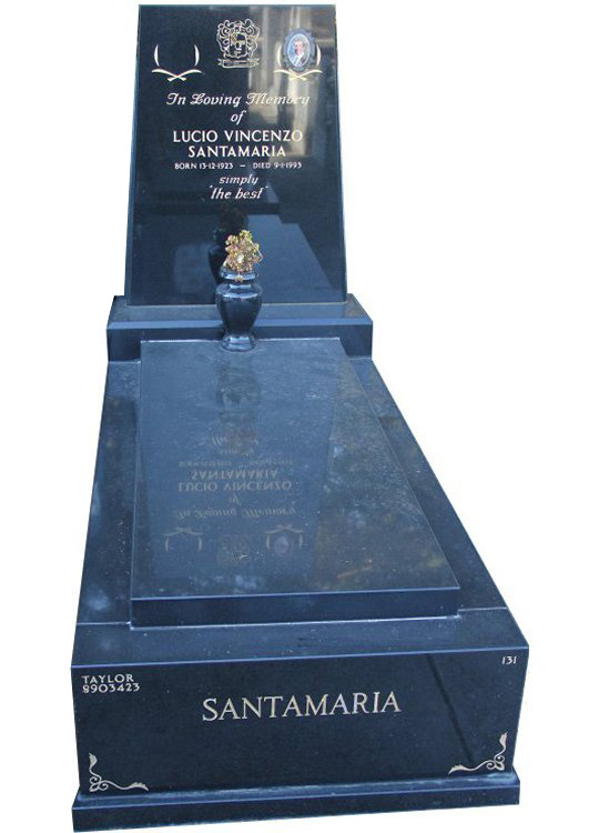 Tombstone, built in Royal Black Indian granite for Santamaria in the Box Hill graveyard.