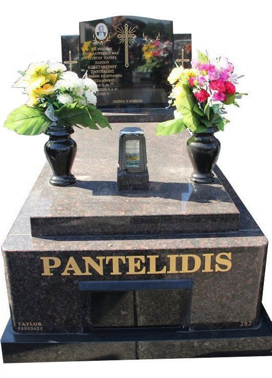 Tombstone, built in Tan Brown and Royal Black Indian granite for Pantelidis in the Box Hill graveyard.